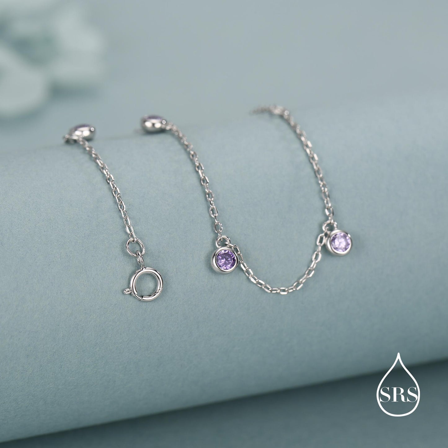 Purple CZ Charm Bracelet in Sterling Silver, Silver or Gold, Amethyst Purple CZ Bracelet, Satellite Bracelet