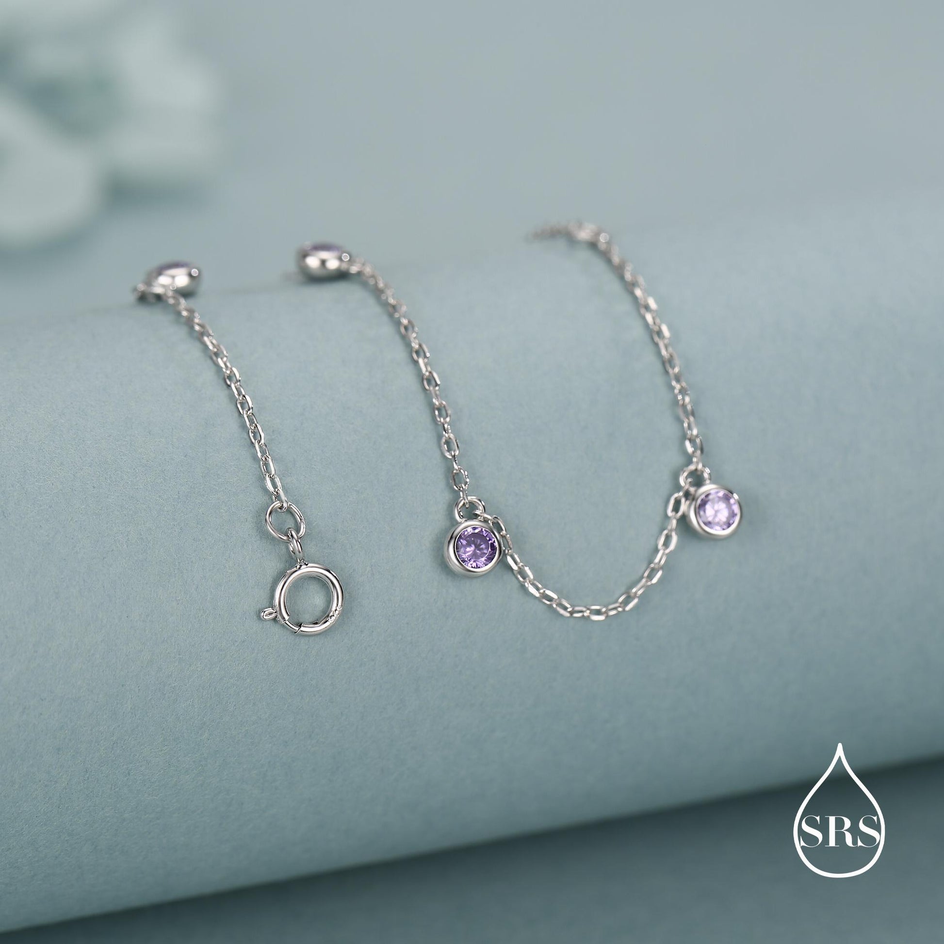 Purple CZ Charm Bracelet in Sterling Silver, Silver or Gold, Amethyst Purple CZ Bracelet, Satellite Bracelet