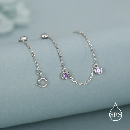 Purple CZ Charm Bracelet in Sterling Silver, Silver or Gold, Amethyst Purple CZ Bracelet, Satellite Bracelet
