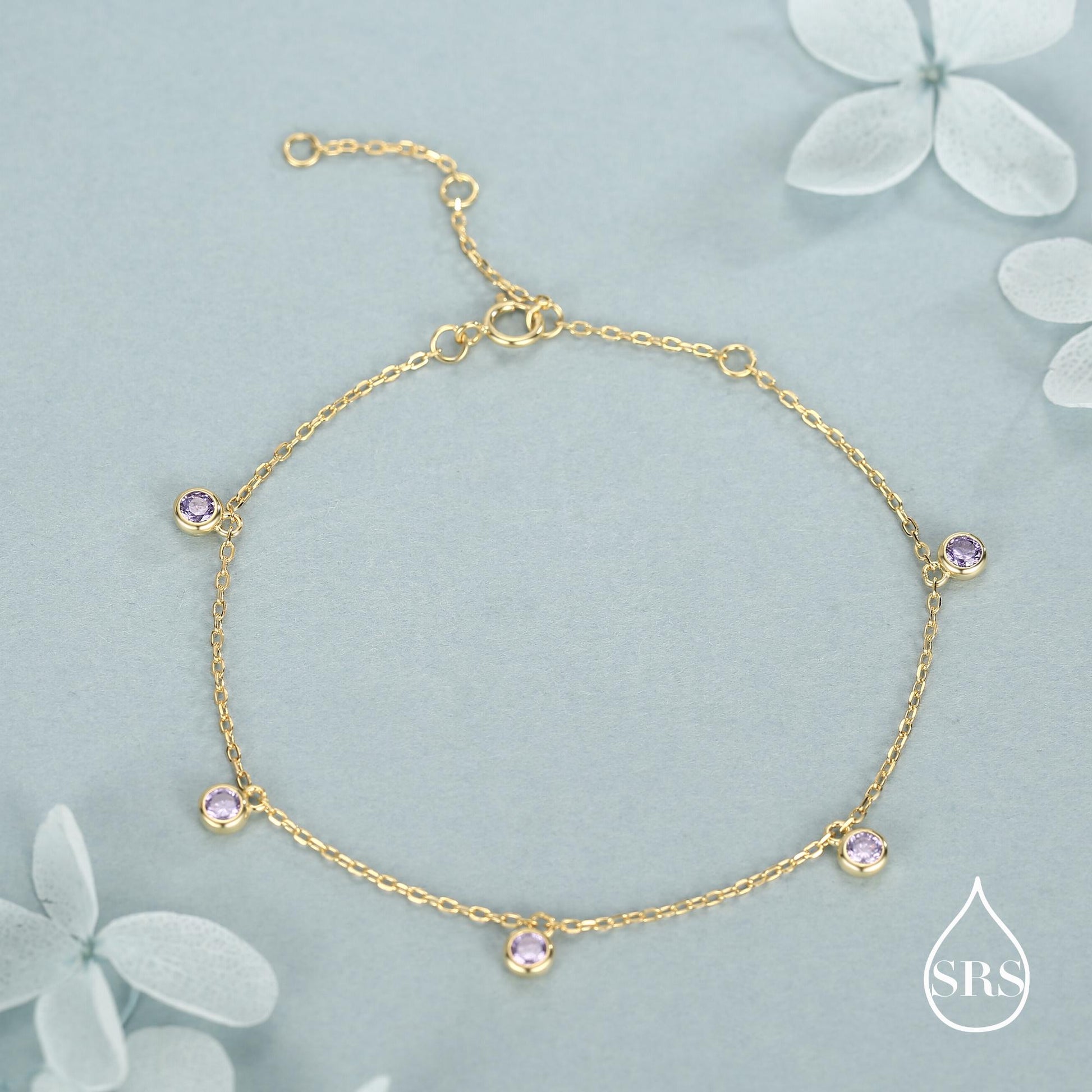 Purple CZ Charm Bracelet in Sterling Silver, Silver or Gold, Amethyst Purple CZ Bracelet, Satellite Bracelet