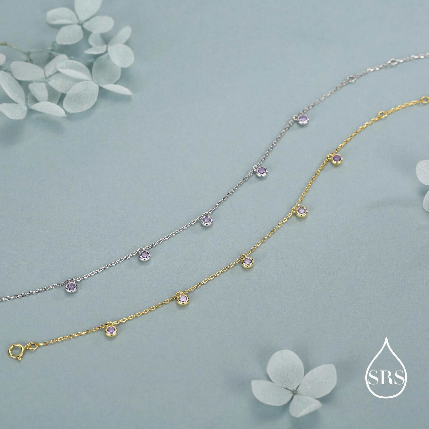 Purple CZ Charm Bracelet in Sterling Silver, Silver or Gold, Amethyst Purple CZ Bracelet, Satellite Bracelet