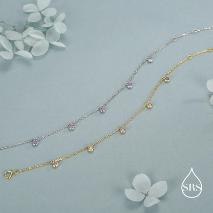 Purple CZ Charm Bracelet in Sterling Silver, Silver or Gold, Amethyst Purple CZ Bracelet, Satellite Bracelet