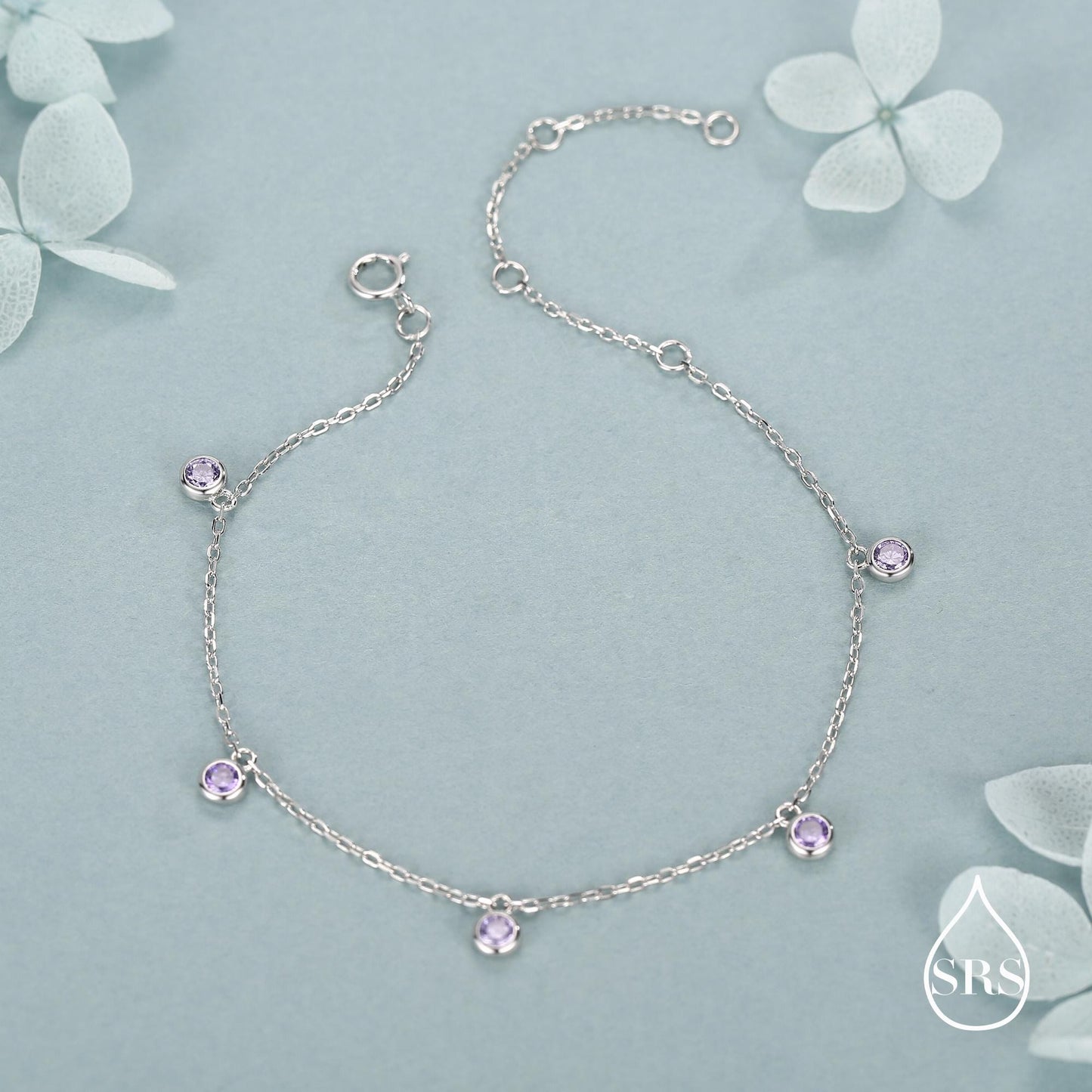 Purple CZ Charm Bracelet in Sterling Silver, Silver or Gold, Amethyst Purple CZ Bracelet, Satellite Bracelet