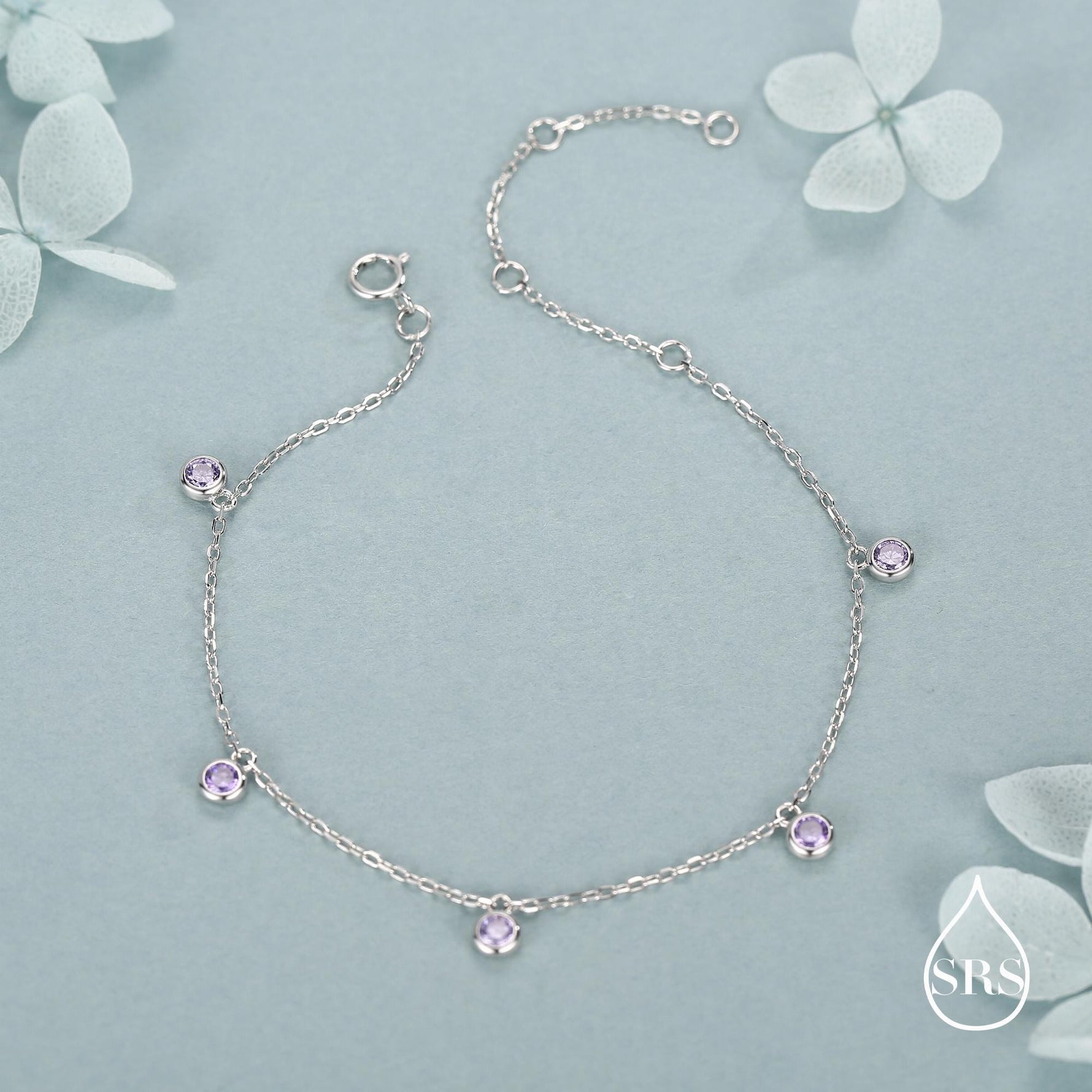 Purple CZ Charm Bracelet in Sterling Silver, Silver or Gold, Amethyst Purple CZ Bracelet, Satellite Bracelet