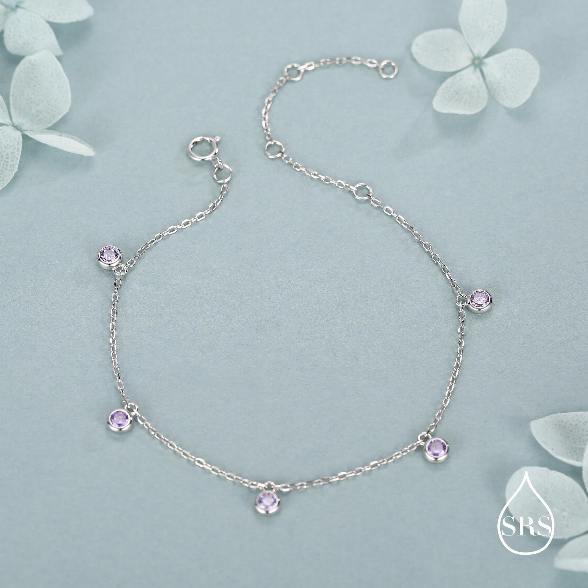 Purple CZ Charm Bracelet in Sterling Silver, Silver or Gold, Amethyst Purple CZ Bracelet, Satellite Bracelet