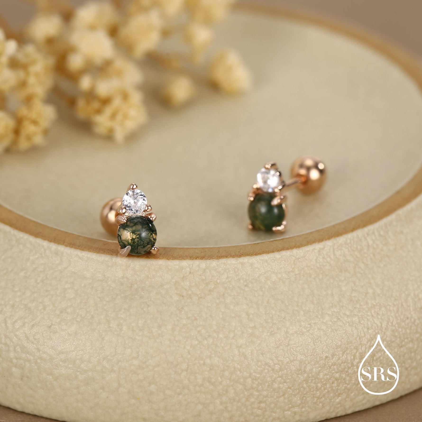 Sterling Silver Moss Agate and CZ Screw Back Stud Earrings with Ball Backs