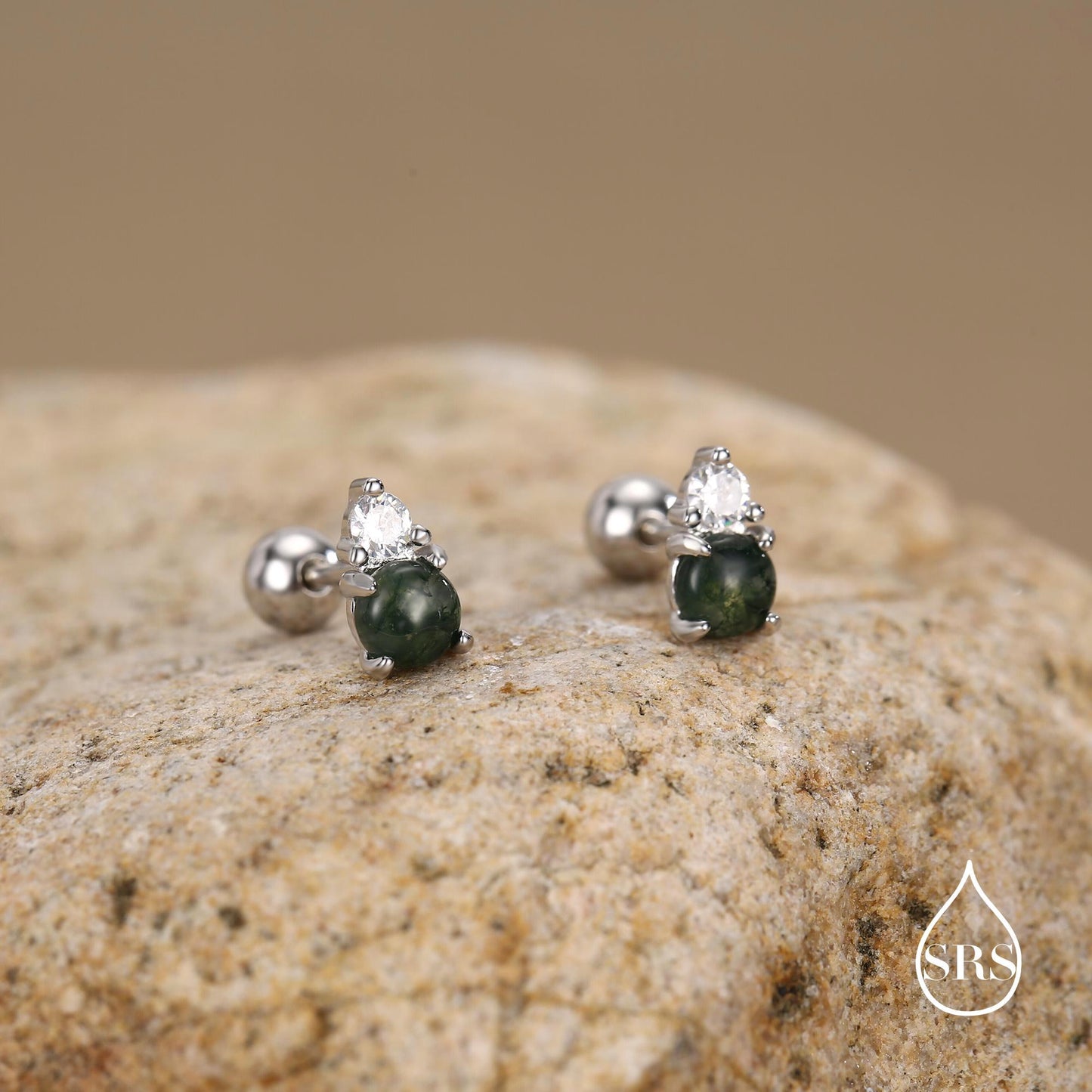 Sterling Silver Moss Agate and CZ Screw Back Stud Earrings with Ball Backs