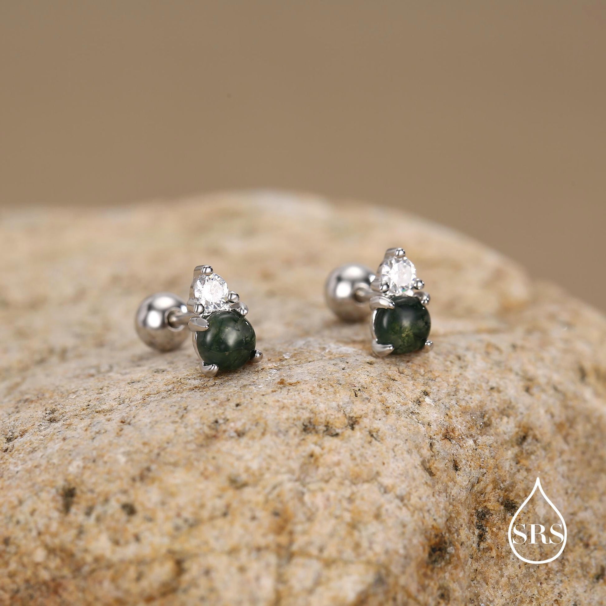 Sterling Silver Moss Agate and CZ Screw Back Stud Earrings with Ball Backs