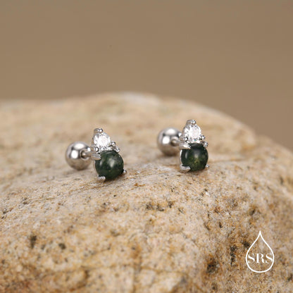 Sterling Silver Moss Agate and CZ Screw Back Stud Earrings with Ball Backs