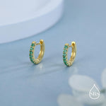 Emerald Green CZ Huggie Hoops in Sterling Silver, Silver or Gold, Minimalist Hoop Earrings, 8mm Hoops, Green Crystal Hoops