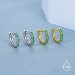 Emerald Green CZ Huggie Hoops in Sterling Silver, Silver or Gold, Minimalist Hoop Earrings, 8mm Hoops, Green Crystal Hoops