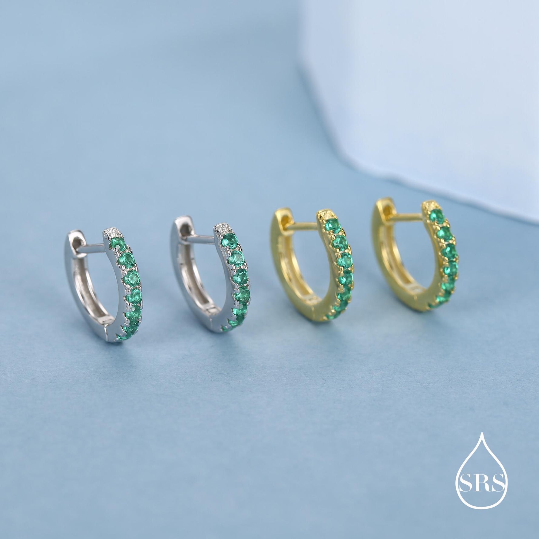 Emerald Green CZ Huggie Hoops in Sterling Silver, Silver or Gold, Minimalist Hoop Earrings, 8mm Hoops, Green Crystal Hoops