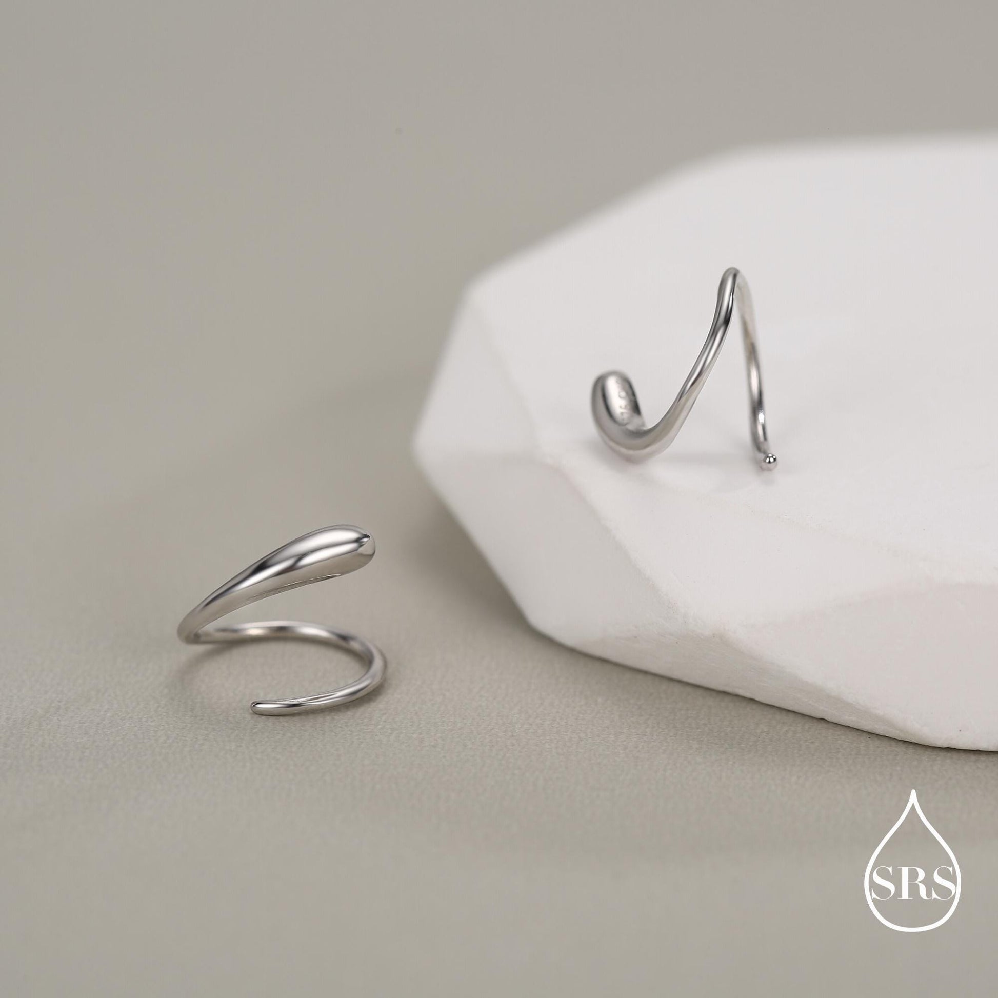 Spiral Hoop Earrings In Sterling Silver, Silver, Gold or Rose Gold, Minimalist Spiral Earrings, Droplet Hoops, Droplet Spirals