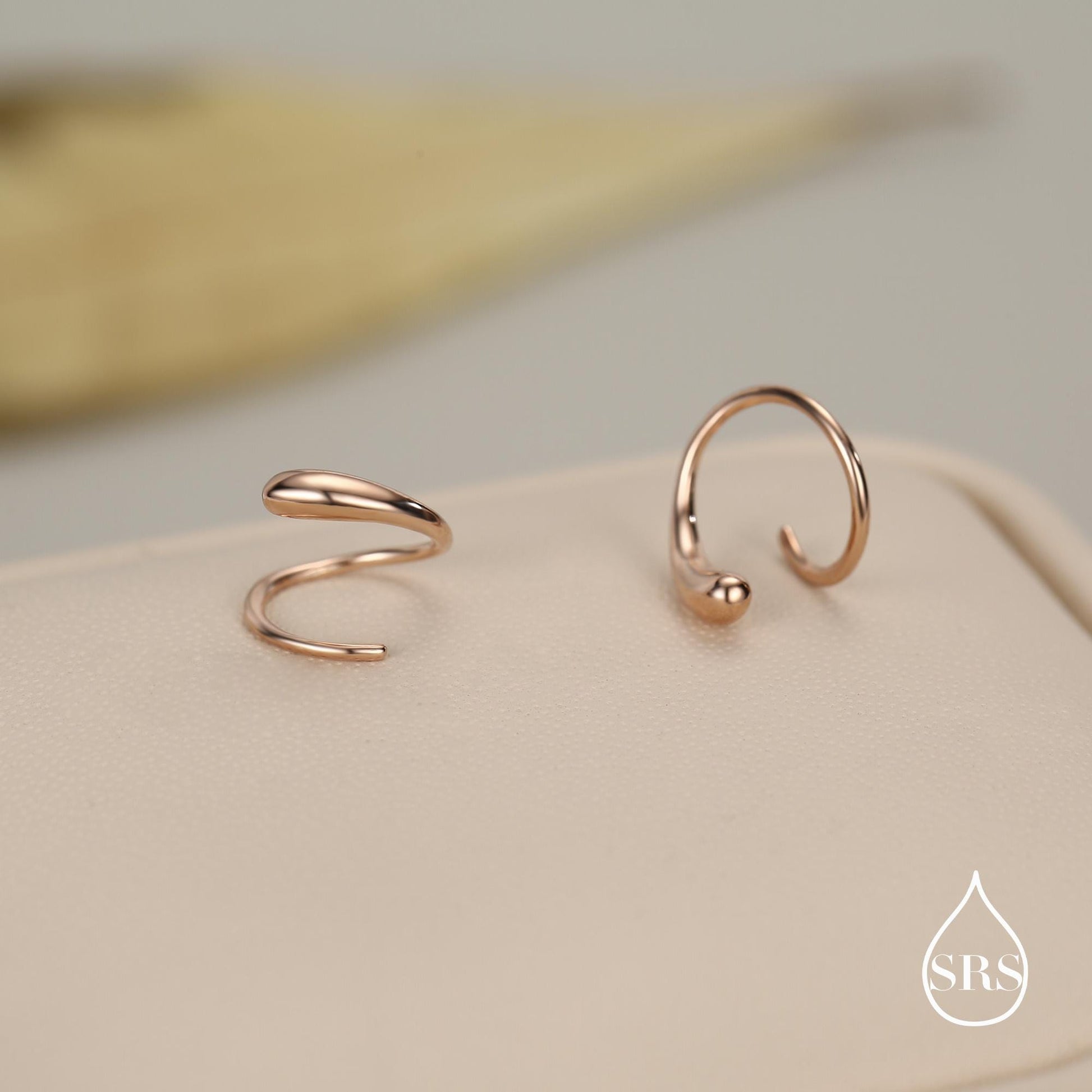 Spiral Hoop Earrings In Sterling Silver, Silver, Gold or Rose Gold, Minimalist Spiral Earrings, Droplet Hoops, Droplet Spirals