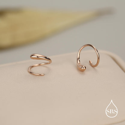 Spiral Hoop Earrings In Sterling Silver, Silver, Gold or Rose Gold, Minimalist Spiral Earrings, Droplet Hoops, Droplet Spirals