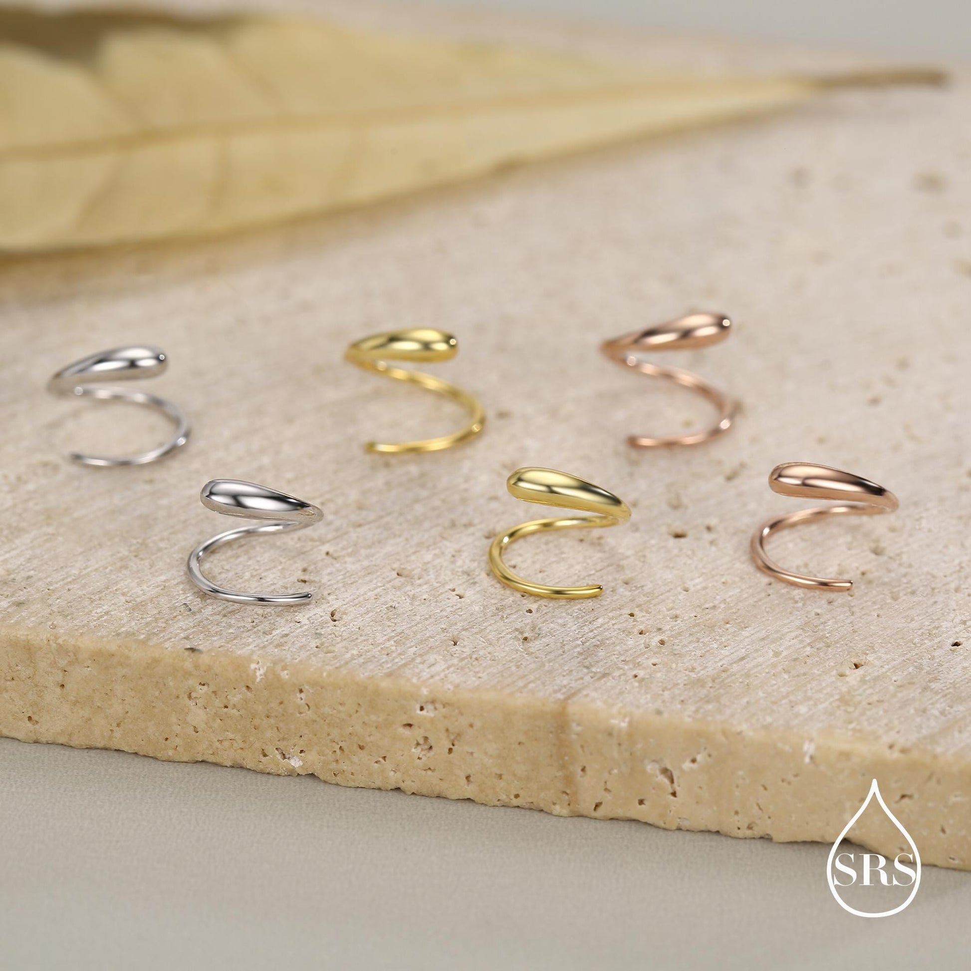 Spiral Hoop Earrings In Sterling Silver, Silver, Gold or Rose Gold, Minimalist Spiral Earrings, Droplet Hoops, Droplet Spirals