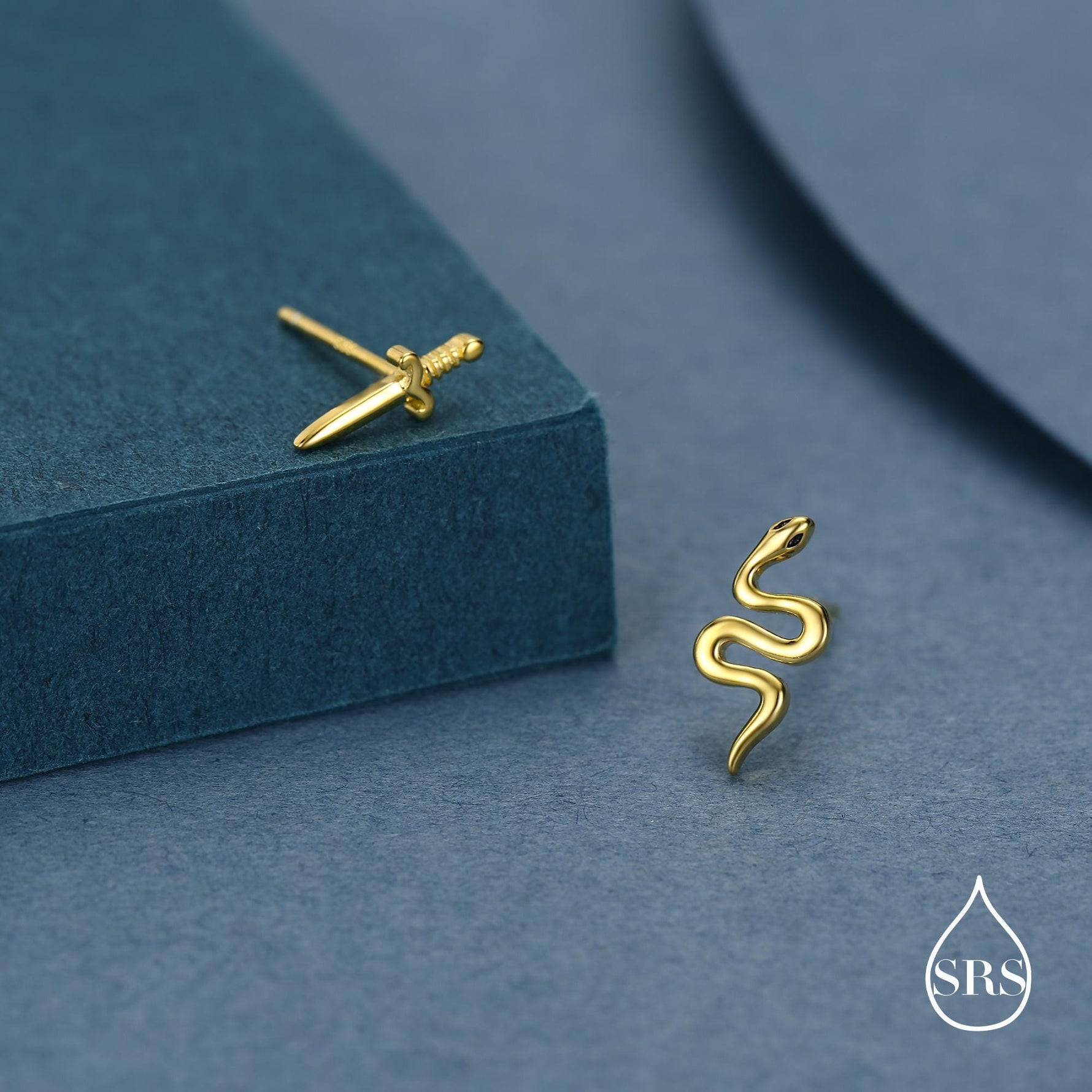 Mismatched Sword and Snake Stud Earrings in Sterling Silver, Silver or Gold Finish, Asymmetric Snake and Sword Earrings