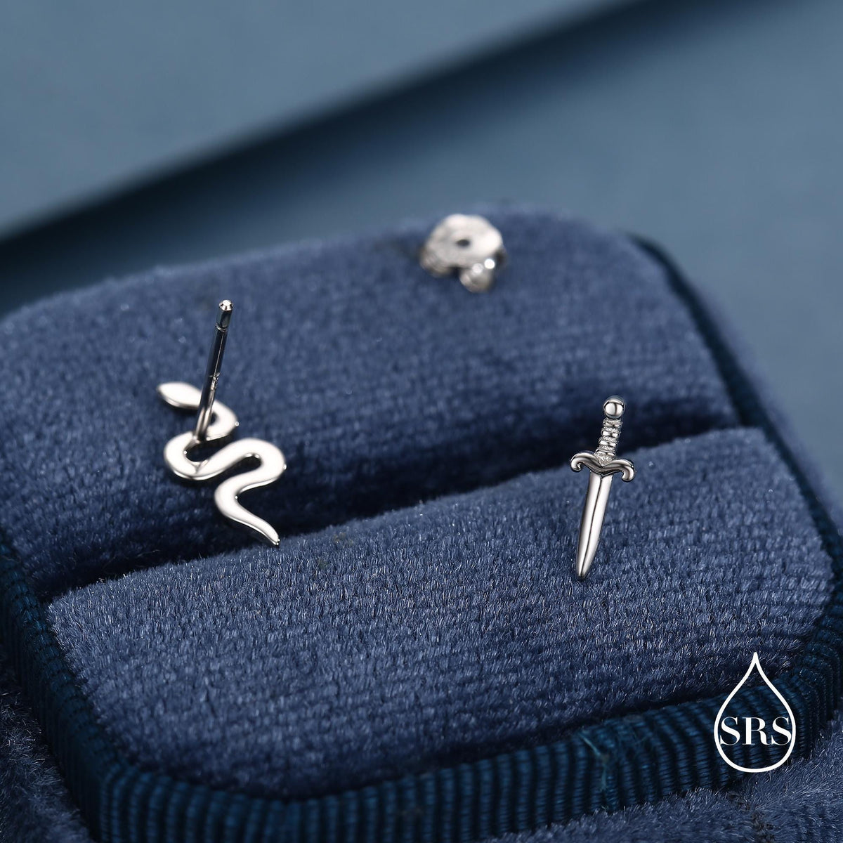 Mismatched Sword and Snake Stud Earrings in Sterling Silver, Silver or Gold Finish, Asymmetric Snake and Sword Earrings