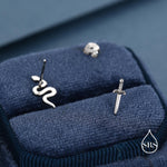 Mismatched Sword and Snake Stud Earrings in Sterling Silver, Silver or Gold Finish, Asymmetric Snake and Sword Earrings