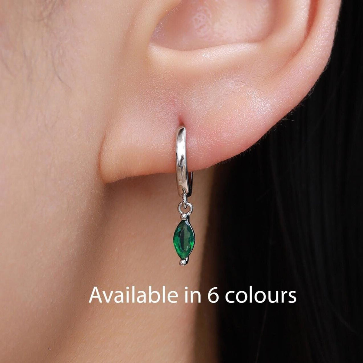 Extra Tiny Marquise CZ Huggie Hoop Earrings in Sterling Silver, Silver or Gold, 6 Colour Options, Green, Blue, Pink, Purple or Clear CZ
