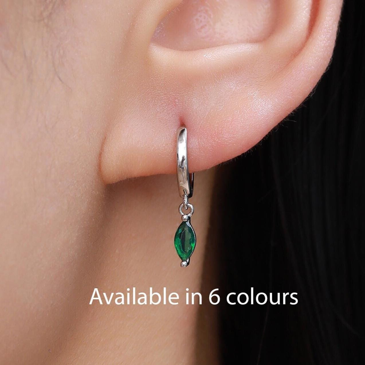 Extra Tiny Marquise CZ Huggie Hoop Earrings in Sterling Silver, Silver or Gold, 6 Colour Options, Green, Blue, Pink, Purple or Clear CZ