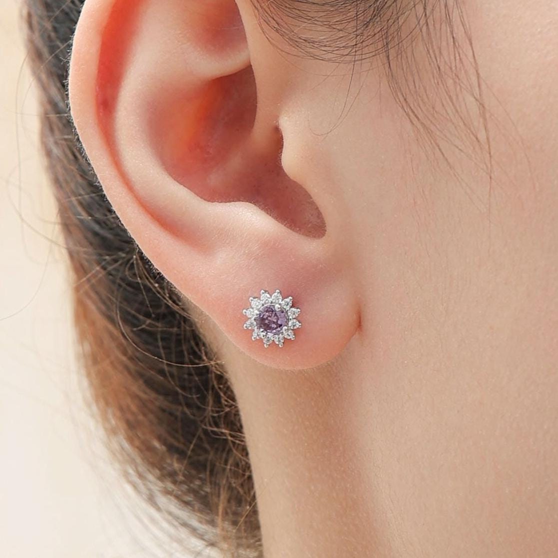 Amethyst Purple CZ Halo Stud Earrings in Sterling Silver, Silver or Gold, February Birthstone Earrings, Flower CZ Earrings