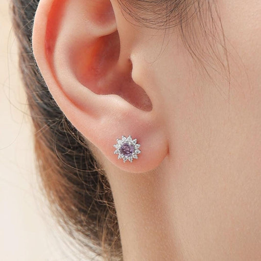 Amethyst Purple CZ Halo Stud Earrings in Sterling Silver, Silver or Gold, February Birthstone Earrings, Flower CZ Earrings