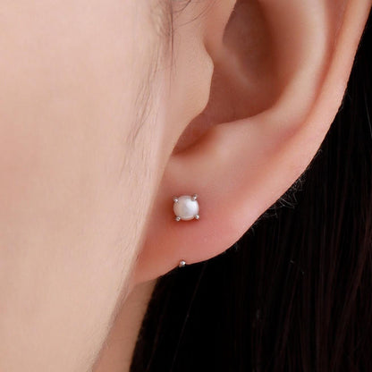 Natural Freshwater Pearl Huggie Hoop Earrings in Sterling Silver, 4mm Genuine Pearl Open Hoops, Pull Through Threaders, Half Hoops, C Shape