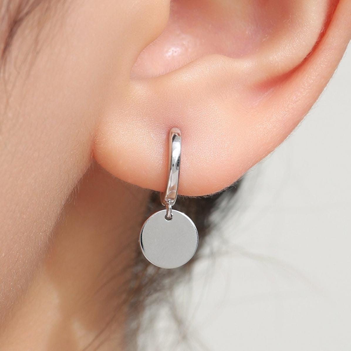 Sterling Silver Round Disk Drop Earrings, Silver or Gold, Huggie Hoop Earrings with Dangling Coins, Coin Earrings, Hoop Earrings, Disk Charm