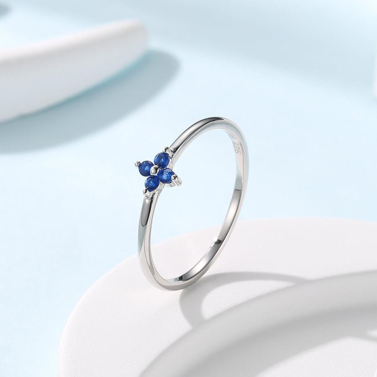Sapphire Blue CZ Hydrangea Flower Minimalist Ring in Sterling Silver, Four Crystal Flower Ring, Tiny CZ Ring, US Size 5-8