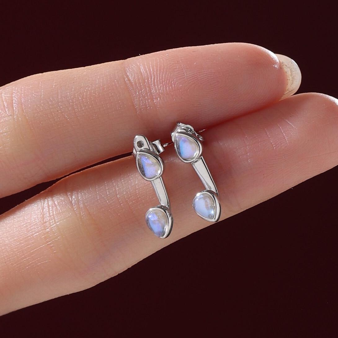 Moonstone Droplet Ear Jacket in Sterling Silver, Silver or Gold, Lab Moonstone Pear Bezel Earrings, Front and Back Earrings