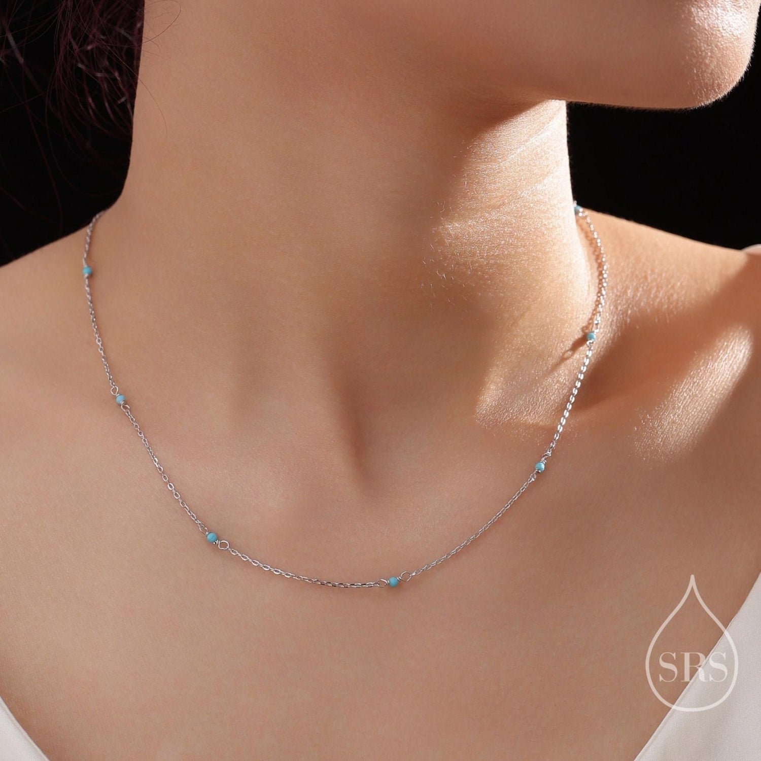 2mm Turquoise Beaded Satellite Chain Necklace in Sterling Silver, Silver or Gold, Choker Necklace, Minimalist Geometric Style