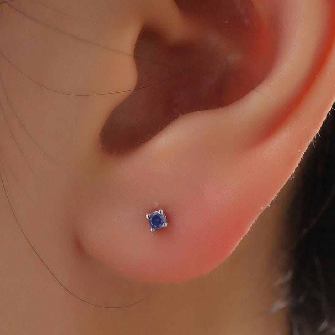 Extra Tiny 2mm Sapphire Blue CZ Stud Earrings in Sterling Silver, Silver or Gold, Barely Visible Stud Earrings, 2mm Blue Earrings