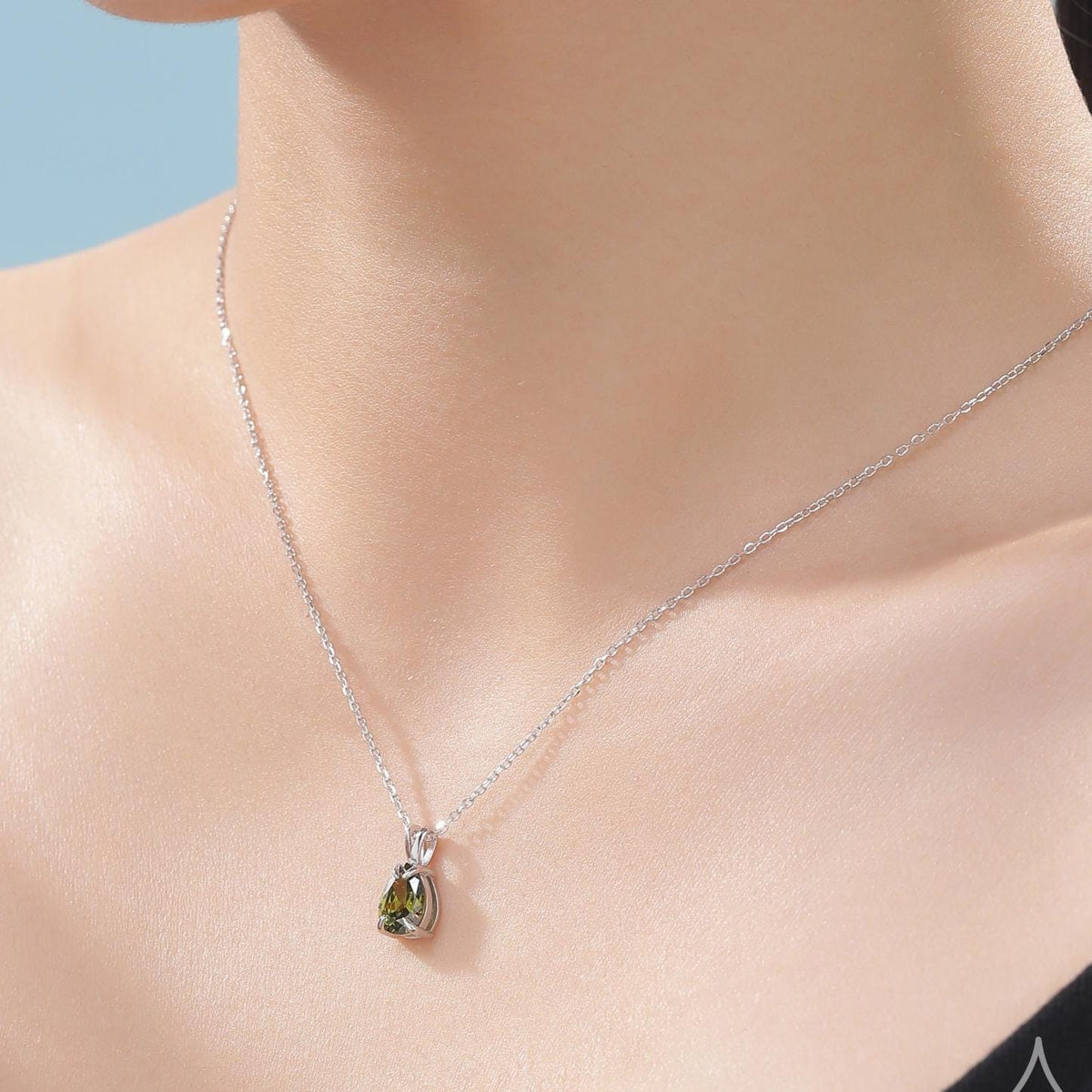 Olive Green CZ Pear Cut Pendant Necklace in Sterling Silver, 7 x 9mm, Green Droplet necklace, Diamond CZ