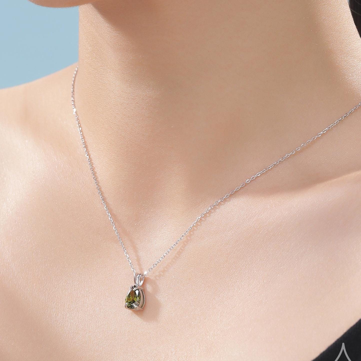 Olive Green CZ Pear Cut Pendant Necklace in Sterling Silver, 7 x 9mm, Green Droplet necklace, Diamond CZ