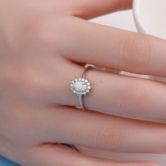 White Opal CZ Halo Oval Ring in Sterling Silver, US 5 - 8, 4x6mm, Lab Opal Stone Ring, Fire Opal Ring