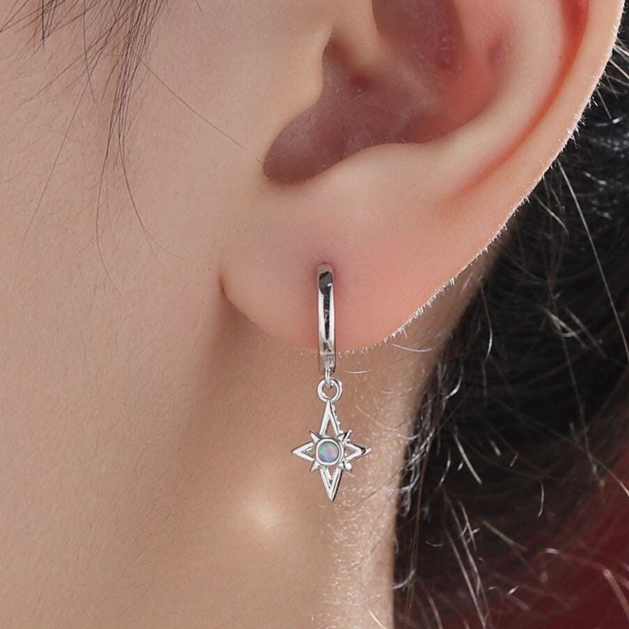 Tiny Opal Starburst Huggie Hoop Earrings in Sterling Silver, Silver, Gold or Rose Gold, North Star Earrings, Sunburst Earrings with Lab Opal