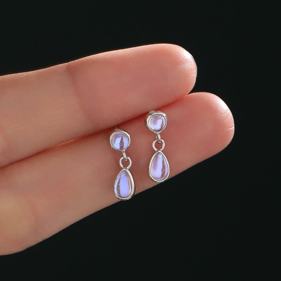 Double Moonstone Dangle Earrings in Sterling Silver, Silver or Gold, Round and Droplet Lab Moonstone Bezel Earrings, Two Moonstone Earrings