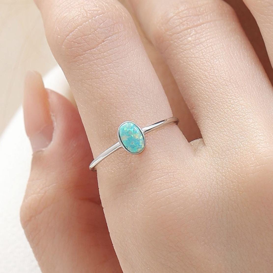 Aqua Green Opal Oval Ring in Sterling Silver, US 5 - 8, Delicate Opal Stone Ring, Blue Opal Ring, Lab Opal Ring