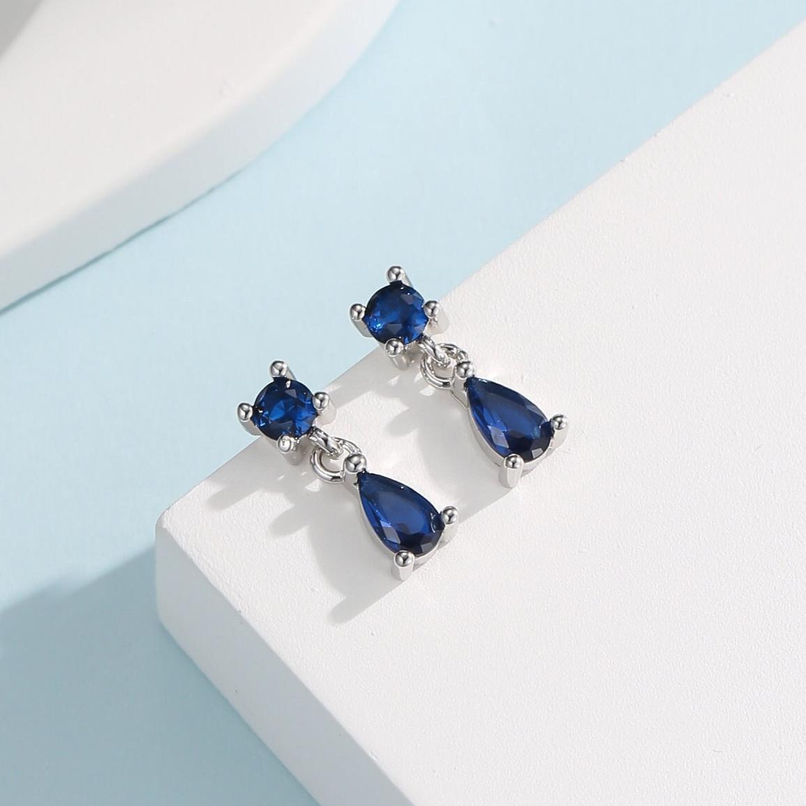 Tiny Sapphire Blue Double CZ Stud Earrings in Sterling Silver with Round and Droplet CZ, Silver or Gold, Two CZ Prong Set Earrings