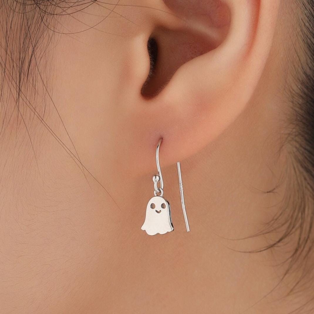 Little Ghost Drop Hook Earrings in Sterling Silver, Silver Gold or Rose Gold, Cute Ghost Earrings