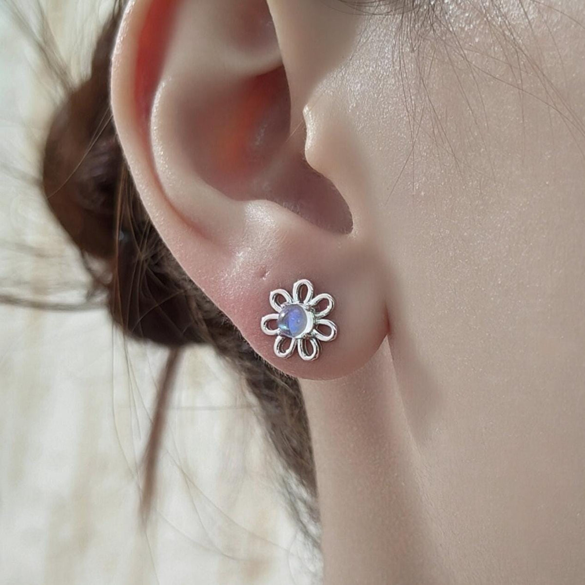 Moonstone Daisy Flower Stud Earrings in Sterling Silver, Silver or Gold, Lab Moonstone Daisy Earrings, Sterling Silver Daisy Flower Earrings