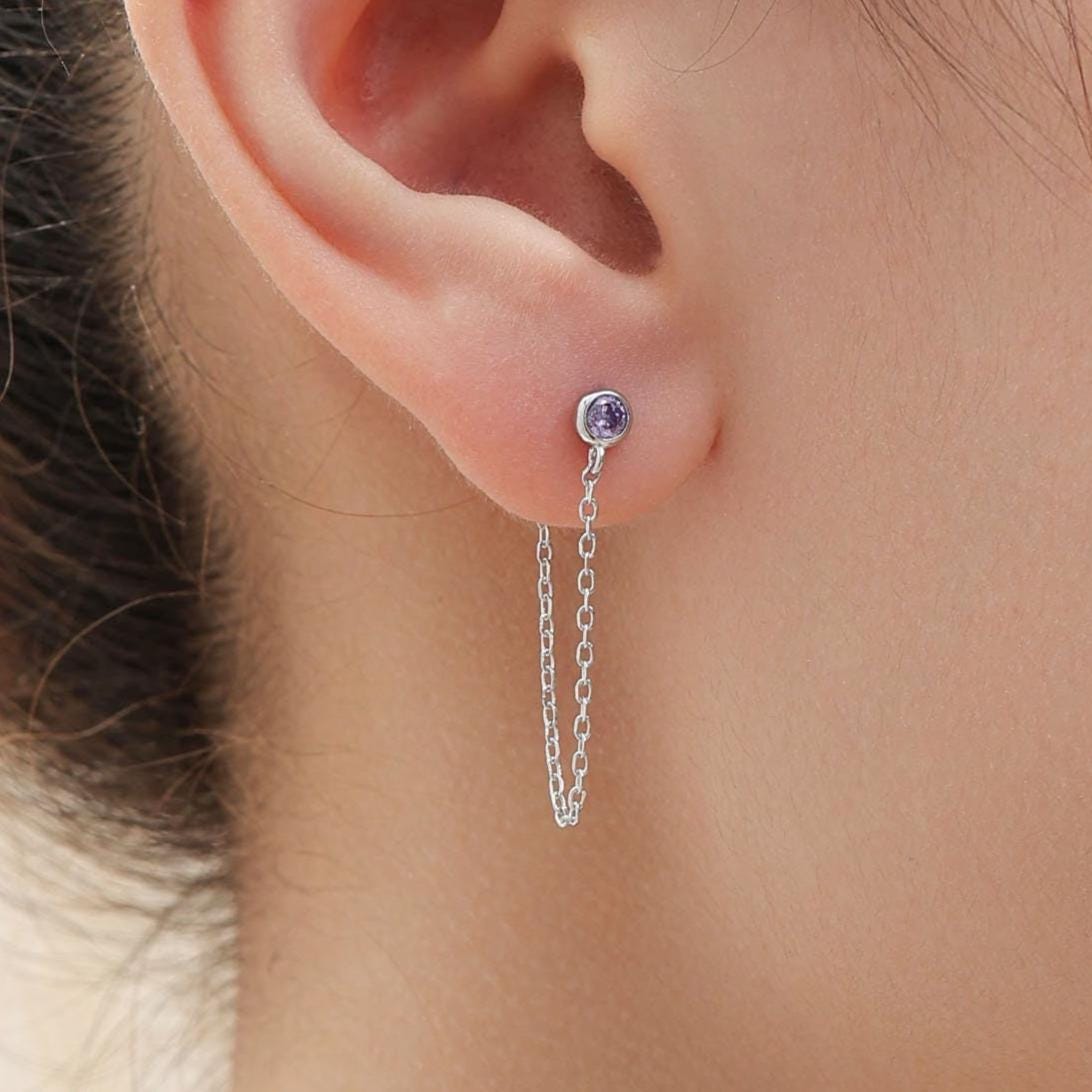 Purple CZ Chain Ear Jacket in Sterling Silver, Silver or Gold, Front and Back Earrings, Two Part Earrings, CZ with Linking Chain Earrings