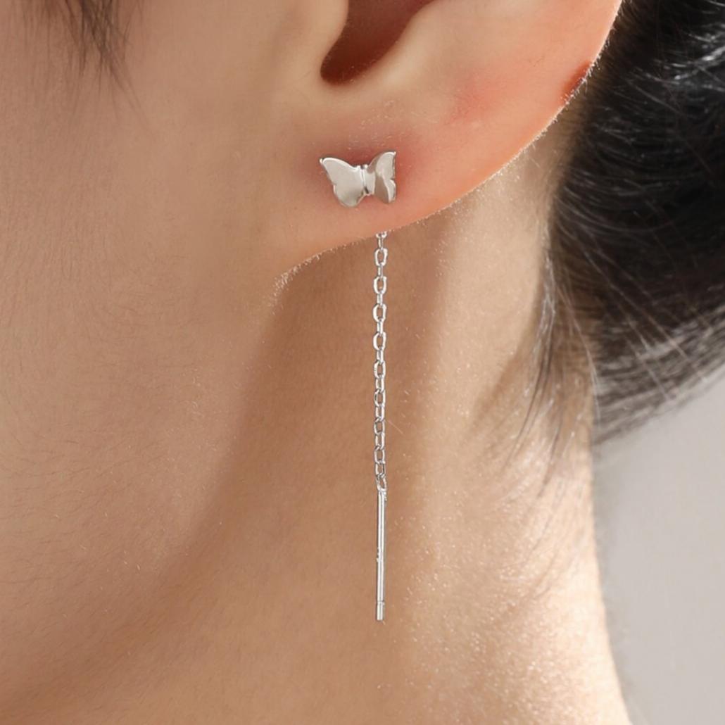 Sterling Silver Butterfly Pull Through Ear Threaders, Silver or Gold or Rose Gold, Butterfly Threader Earrings, Butterfly Dangle Earrings