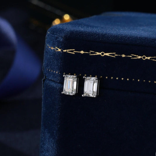 0.8Ct Emerald Cut Moissanite Diamond Stud Earrings in Sterling Silver, Emerald Cut Earrings, 4x6mm, Four Prong Set, Rectangular Moissanite