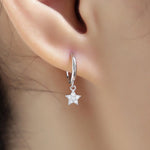 Moon and Star CZ Dangle Huggie Hoop Earrings in Sterling Silver, Silver or Gold or Rose Gold, CZ Moon and Star Skinny Hoops