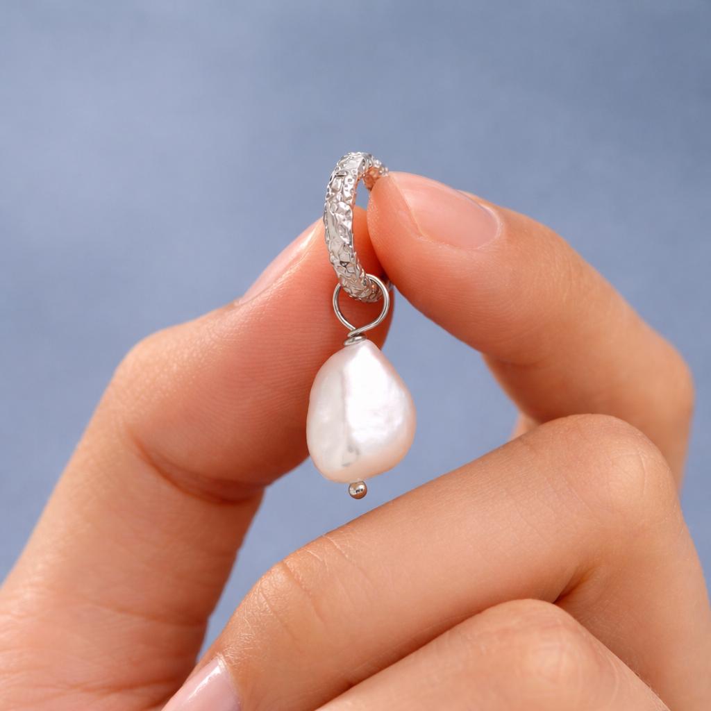 Baroque Pearl Hammered Hoop Earrings in Sterling Silver