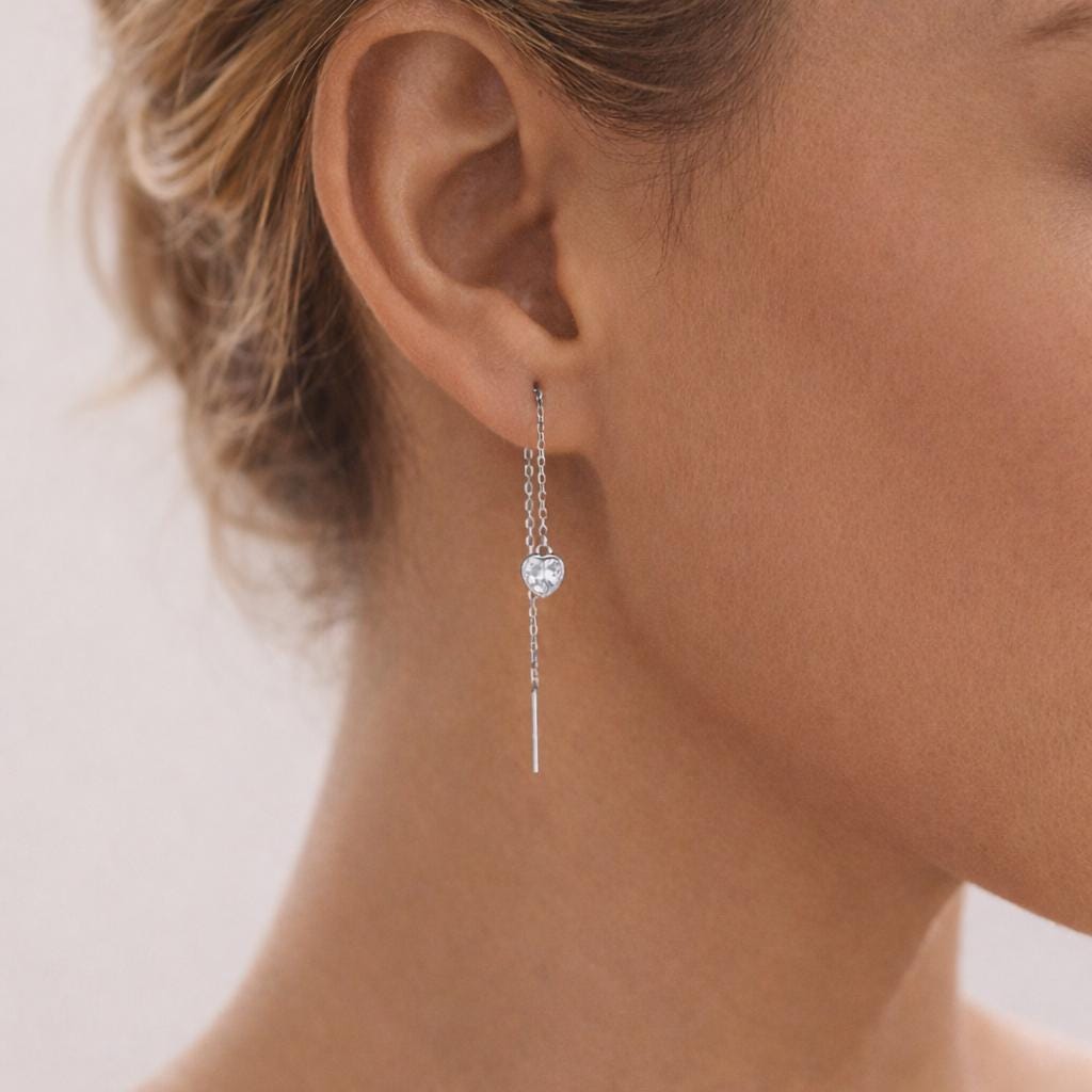 Tiny CZ Heart Threader Earrings in Sterling Silver, 9cm, Silver or Gold, Dainty Heart Ear Threaders, Delicate Heart Threaders