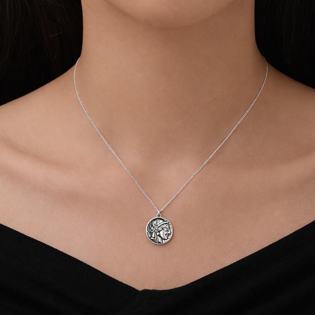 Sterling Silver Greek Coin Pendant Necklace - Attica Tetradrachm Inspired Necklace, Ancient Greek Coin Inspired, Single Sided Casted