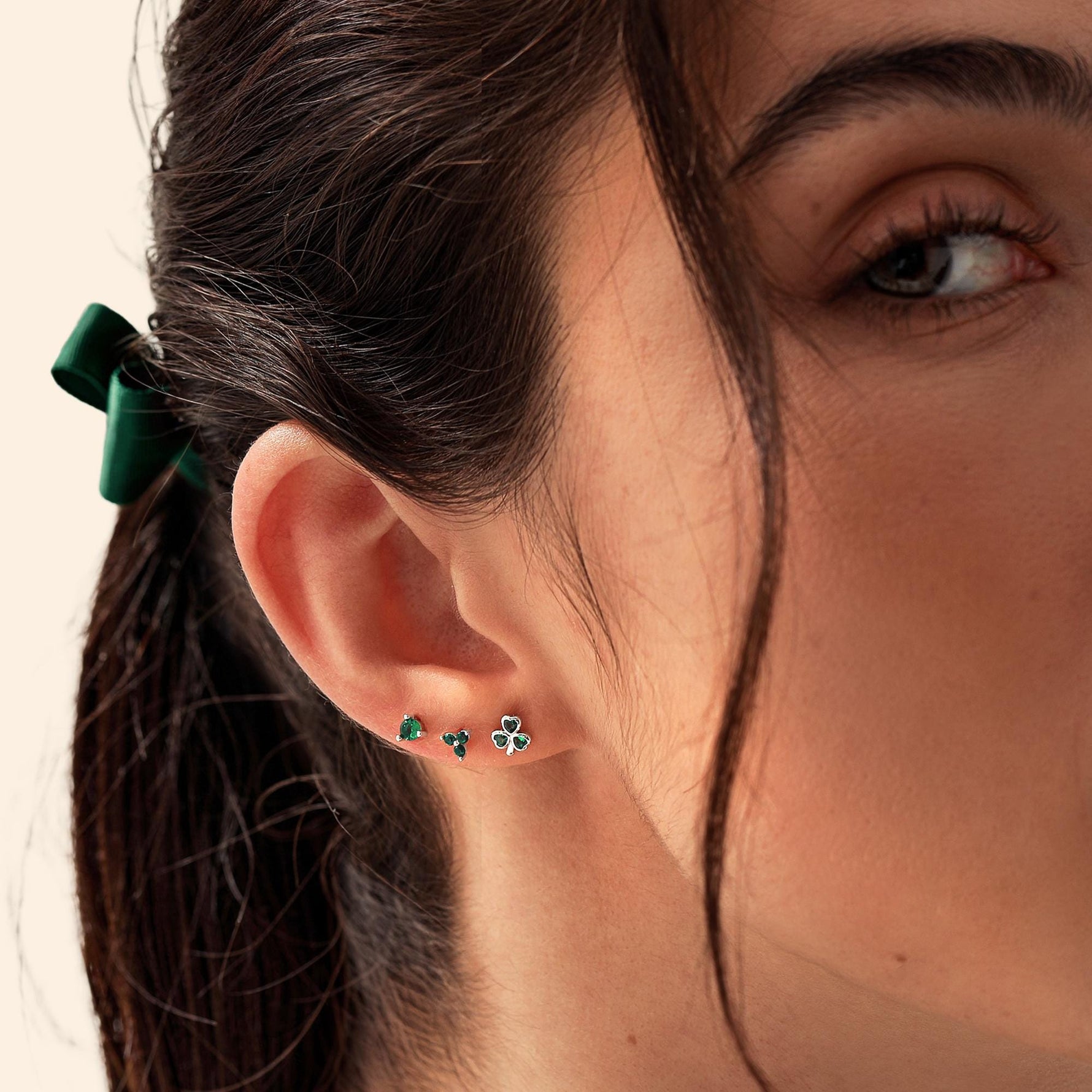Green CZ Shamrock Tiny Stud Earrings in Sterling Silver, Clover Earrings, Irish Earrings, Silver or Gold Flower Earrings